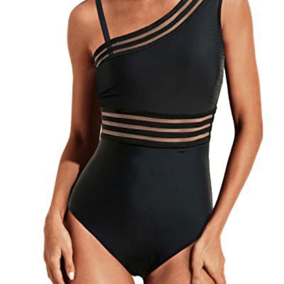 Elegant Black One-Piece Swimsuit with Asymmetrical Design, New, Size M - Picture 3 of 3